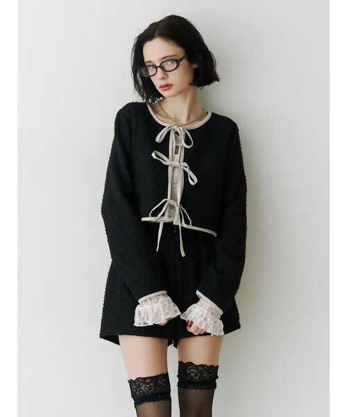 jouetie（ジュエティ）の「バイカラーツイードライクショートジャケット【セットアップ対応】（ノーカラージャケット・レディース・ピンク/ブルー/ブラック・MEDIUM）」の11枚目の写真