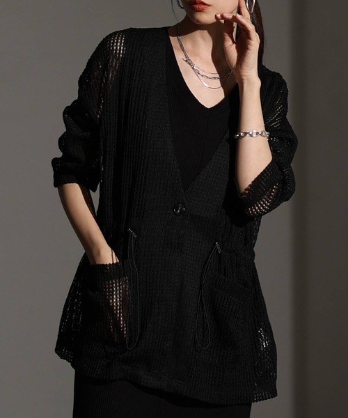 Sawa a la mode(サワアラモード)の「メッシュドロストジャケット(ノーカラージャケット・レディース・ブラウン/ブラック・FREE)」の2枚目の写真