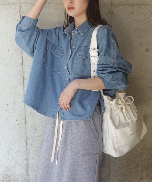 【INDIGO】デニム クロップド シャツ YANUK｜クロップド デニムシャツ フレアシルエット インディゴ