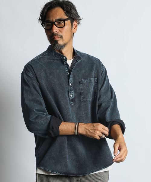 PIGMENT DYE BAND COLLAR SHIRT：ピグメント加工 バンドカラー プル