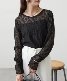 裾ギャザーレースロングTシャツ