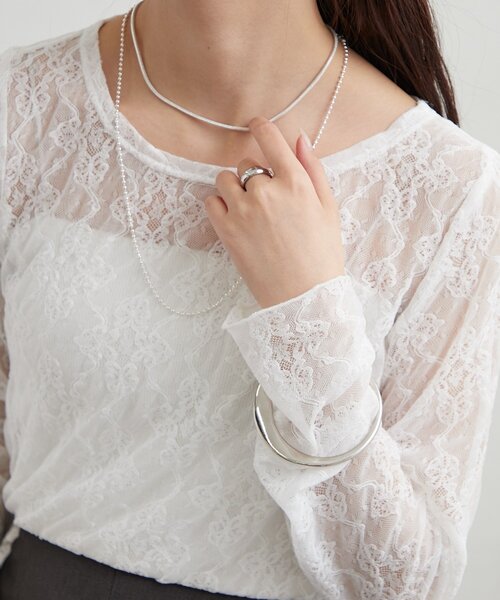 mystic(ミスティック)の「裾ギャザーレースロングTシャツ(Tシャツ/カットソー・レディース・ブラック/オフホワイト/ブルー・FREE)」の6枚目の写真