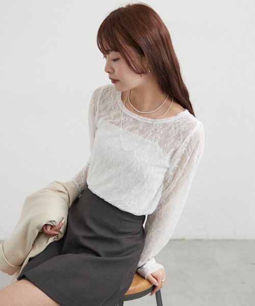 mystic(ミスティック)の「裾ギャザーレースロングTシャツ(Tシャツ/カットソー・レディース・ブラック/オフホワイト/ブルー・FREE)」の7枚目の写真