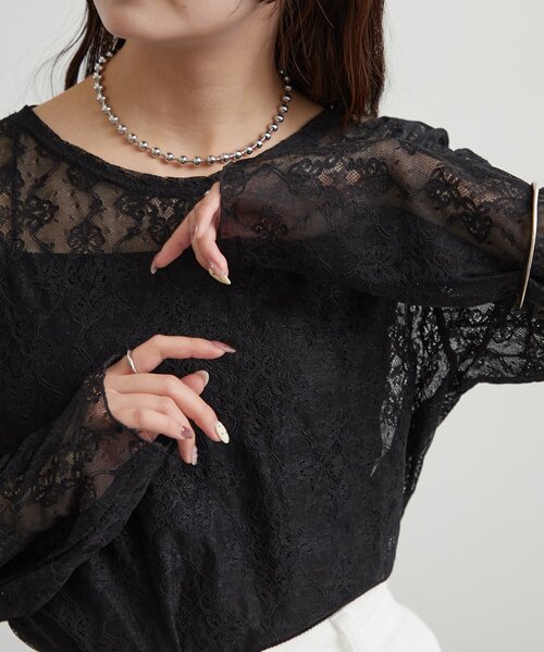 mystic(ミスティック)の「裾ギャザーレースロングTシャツ(Tシャツ/カットソー・レディース・ブラック/オフホワイト/ブルー・FREE)」の16枚目の写真