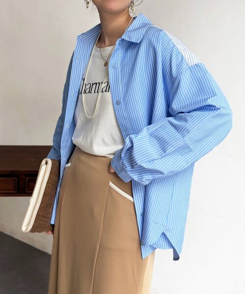 Chez toi（シェトワ）の「ストライプ後ろ切替ボタンシャツ（シャツ/ブラウス・レディース・ブラック/サックスブルー/グリーン・FREE）」の3枚目の写真