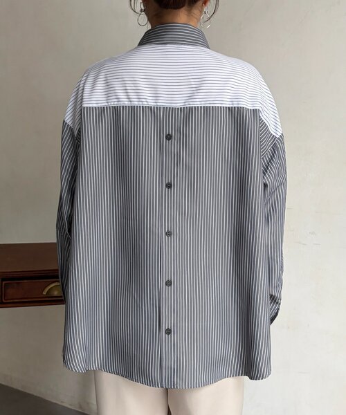 Chez toi（シェトワ）の「ストライプ後ろ切替ボタンシャツ（シャツ/ブラウス・レディース・ブラック/サックスブルー/グリーン・FREE）」の13枚目の写真