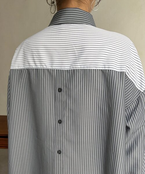Chez toi（シェトワ）の「ストライプ後ろ切替ボタンシャツ（シャツ/ブラウス・レディース・ブラック/サックスブルー/グリーン・FREE）」の15枚目の写真