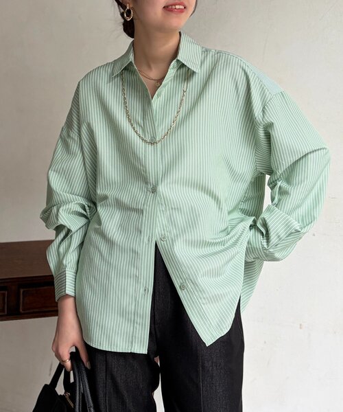 Chez toi（シェトワ）の「ストライプ後ろ切替ボタンシャツ（シャツ/ブラウス・レディース・ブラック/サックスブルー/グリーン・FREE）」の17枚目の写真