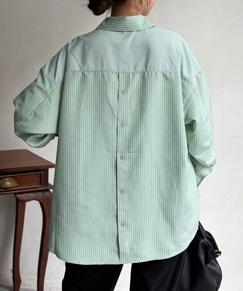 Chez toi（シェトワ）の「ストライプ後ろ切替ボタンシャツ（シャツ/ブラウス・レディース・ブラック/サックスブルー/グリーン・FREE）」の20枚目の写真