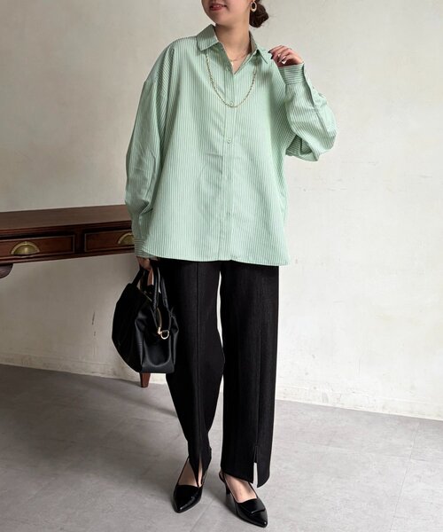 Chez toi（シェトワ）の「ストライプ後ろ切替ボタンシャツ（シャツ/ブラウス・レディース・ブラック/サックスブルー/グリーン・FREE）」の22枚目の写真