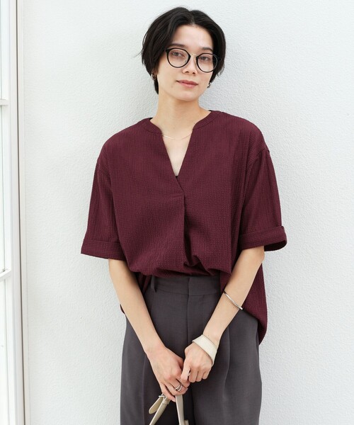 green label relaxing(グリーンレーベルリラクシング)の「サッカー スキッパー プルオーバー カットソー(Tシャツ/カットソー・レディース・ブラック/ホワイト/イエロー/オリーブ/ワイン・FREE)」の9枚目の写真