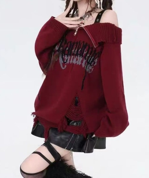 SPIGA(スピーガ)の「ショルダーストラップオフショルダメージ加工ニット(ニット/セーター・レディース・パープル/レッド/ピンク・FREE)」の3枚目の写真