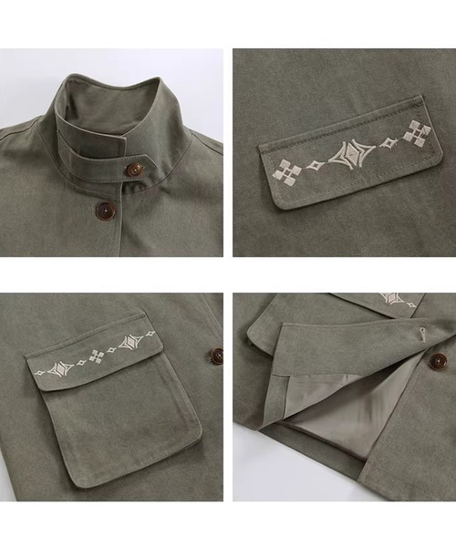 Fano Studios（ファノ ストゥディオズ）の「フェイクポケット 刺繍デザイン スタンドカラージャケット FC26W054【Fano Studios】【2026SS】（ミリタリージャケット・レディース・カーキ・FREE）」の12枚目の写真