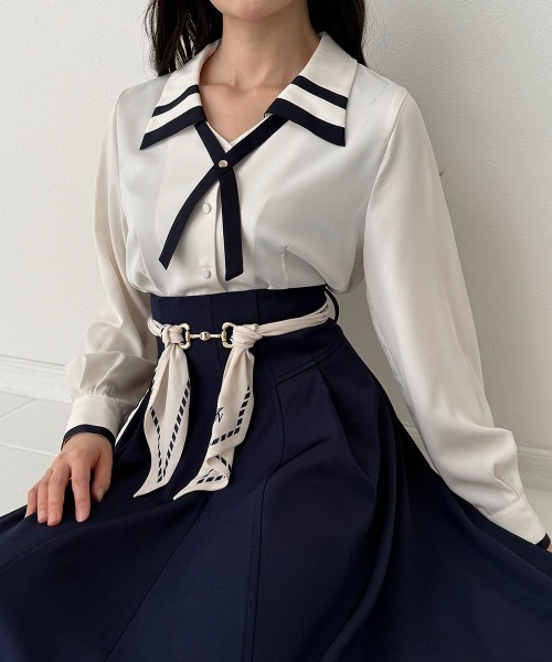 an another angelus（アンアナザーアンジェラス）の「クロスタイ付きバイカラーブラウス/fint フィント（シャツ/ブラウス・レディース・アイボリー/オフホワイト・FREE）」の12枚目の写真