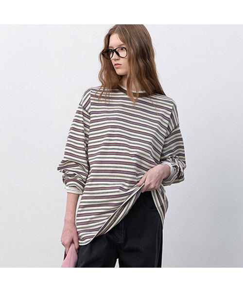 ATELIER NAIN(アトリエナイン)の「MULTI STRIPE SOFT BOXI TEE (T-7197)(Tシャツ/カットソー・レディース・ダークグリーン/レンガ・FREE)」の2枚目の写真