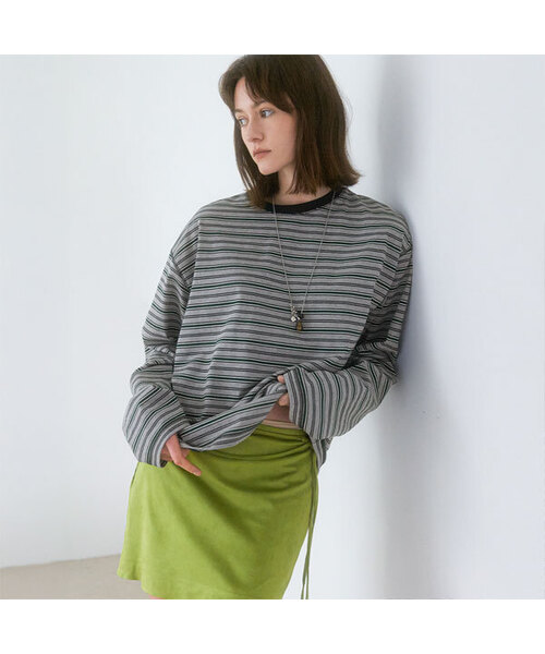 ATELIER NAIN(アトリエナイン)の「MULTI STRIPE SOFT BOXI TEE (T-7197)(Tシャツ/カットソー・レディース・ダークグリーン/レンガ・FREE)」の1枚目の写真