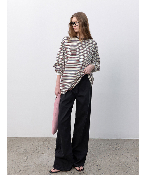 ATELIER NAIN(アトリエナイン)の「MULTI STRIPE SOFT BOXI TEE (T-7197)(Tシャツ/カットソー・レディース・ダークグリーン/レンガ・FREE)」の3枚目の写真