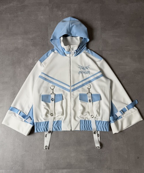 Amilige(アミリージュ)の「コウモリクロスバイカラージャージトップス(パーカー・レディース・ブラック×パープル/ブラック×ホワイト/ホワイト×ブルー・FREE)」の16枚目の写真