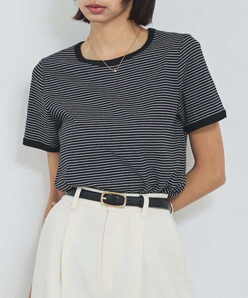 abahouse mavie（アバハウスマヴィ）の「【リンガーT】ボーダーコンパクトTシャツ/夏服/半袖/スタイルアップ（Tシャツ/カットソー・レディース・ブラック/サックスブルー/グレー・フリー）」の2枚目の写真