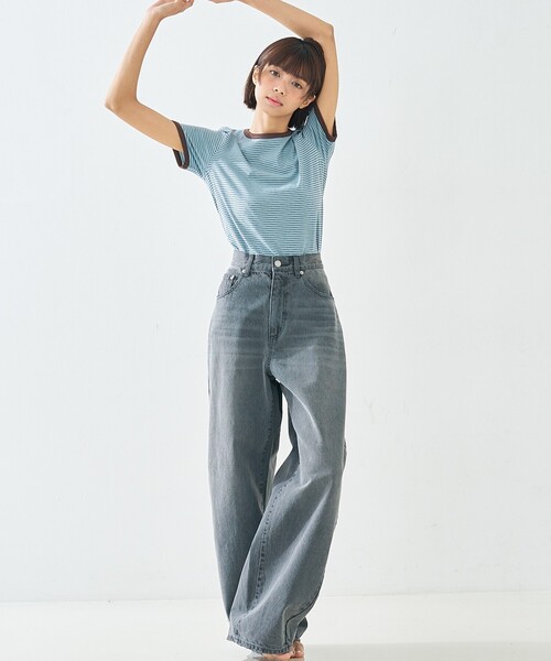 abahouse mavie(アバハウスマヴィ)の「【リンガーT】ボーダーコンパクトTシャツ(Tシャツ/カットソー・レディース・ブラック/サックスブルー/グレー・フリー)」の4枚目の写真