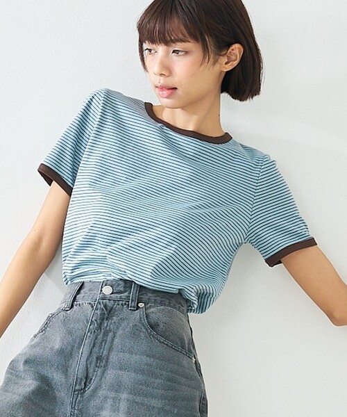 abahouse mavie（アバハウスマヴィ）の「【リンガーT】ボーダーコンパクトTシャツ/夏服/半袖/スタイルアップ（Tシャツ/カットソー・レディース・ブラック/サックスブルー/グレー・フリー）」の4枚目の写真