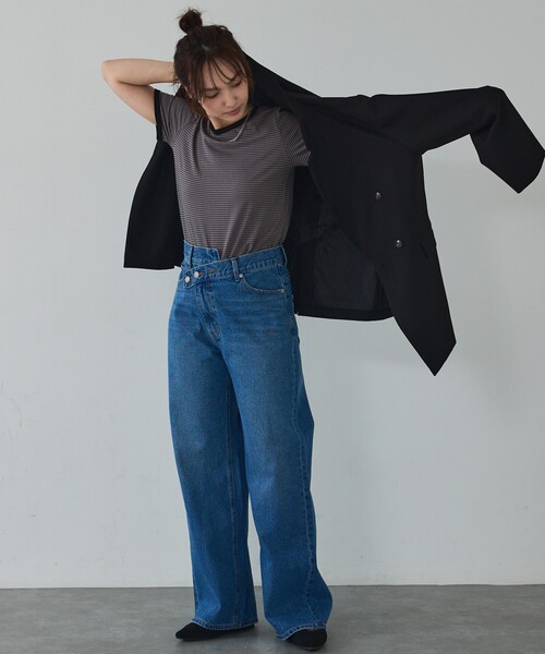 abahouse mavie（アバハウスマヴィ）の「【リンガーT】ボーダーコンパクトTシャツ/夏服/半袖/スタイルアップ（Tシャツ/カットソー・レディース・ブラック/サックスブルー/グレー・フリー）」の9枚目の写真