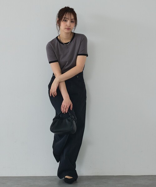 abahouse mavie（アバハウスマヴィ）の「【リンガーT】ボーダーコンパクトTシャツ/夏服/半袖/スタイルアップ（Tシャツ/カットソー・レディース・ブラック/サックスブルー/グレー・フリー）」の10枚目の写真