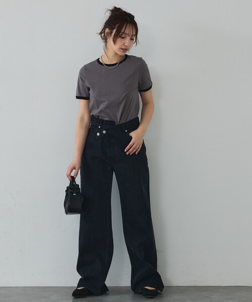 abahouse mavie（アバハウスマヴィ）の「【リンガーT】ボーダーコンパクトTシャツ/夏服/半袖/スタイルアップ（Tシャツ/カットソー・レディース・ブラック/サックスブルー/グレー・フリー）」の11枚目の写真