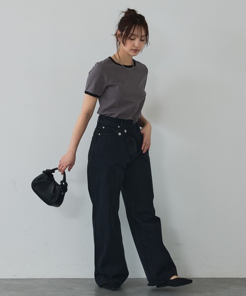 abahouse mavie（アバハウスマヴィ）の「【リンガーT】ボーダーコンパクトTシャツ/夏服/半袖/スタイルアップ（Tシャツ/カットソー・レディース・ブラック/サックスブルー/グレー・フリー）」の12枚目の写真