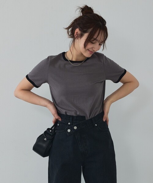 abahouse mavie（アバハウスマヴィ）の「【リンガーT】ボーダーコンパクトTシャツ/夏服/半袖/スタイルアップ（Tシャツ/カットソー・レディース・ブラック/サックスブルー/グレー・フリー）」の14枚目の写真