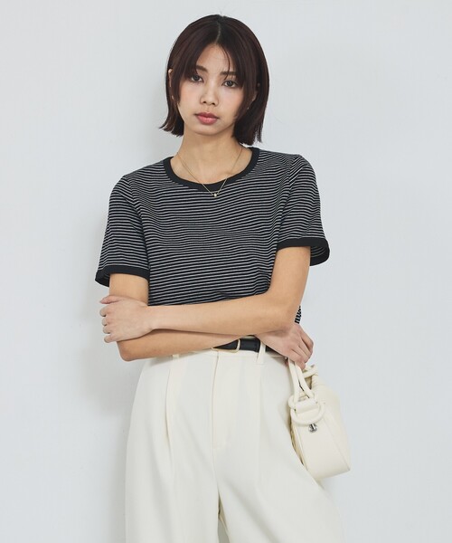 abahouse mavie（アバハウスマヴィ）の「【リンガーT】ボーダーコンパクトTシャツ/夏服/半袖/スタイルアップ（Tシャツ/カットソー・レディース・ブラック/サックスブルー/グレー・フリー）」の19枚目の写真