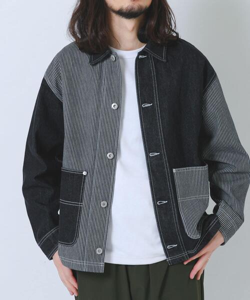 ITEMS URBANRESEARCH(アイテムズ アーバンリサーチ)の「ヒッコリー×デニム切替ワークジャケット(デニムジャケット・メンズ・ブラック/ネイビー・LARGE/MEDIUM)」の2枚目の写真