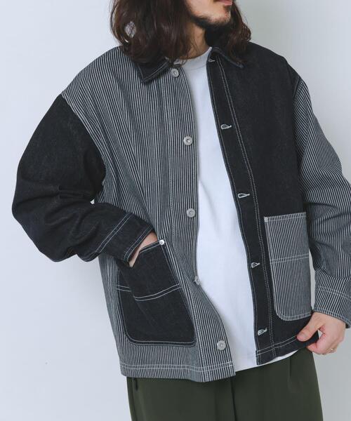 ITEMS URBANRESEARCH(アイテムズ アーバンリサーチ)の「ヒッコリー×デニム切替ワークジャケット(デニムジャケット・メンズ・ブラック/ネイビー・LARGE/MEDIUM)」の3枚目の写真