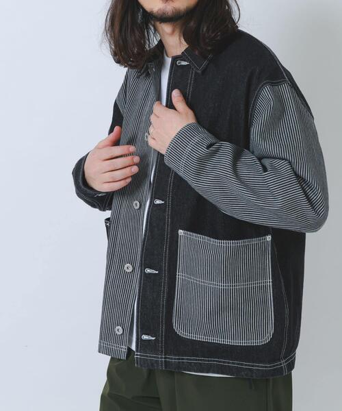 ITEMS URBANRESEARCH(アイテムズ アーバンリサーチ)の「ヒッコリー×デニム切替ワークジャケット(デニムジャケット・メンズ・ブラック/ネイビー・LARGE/MEDIUM)」の4枚目の写真