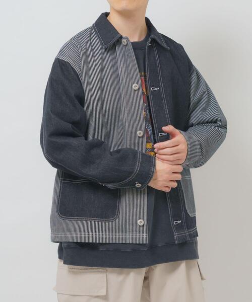 ITEMS URBANRESEARCH(アイテムズ アーバンリサーチ)の「ヒッコリー×デニム切替ワークジャケット(デニムジャケット・メンズ・ブラック/ネイビー・LARGE/MEDIUM)」の8枚目の写真