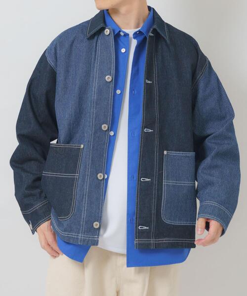 セール】ヒッコリー×デニム切替ワークジャケット(デニムジャケット セール】ヒッコリー×デニム切替ワークジャケット(デニムジャケット