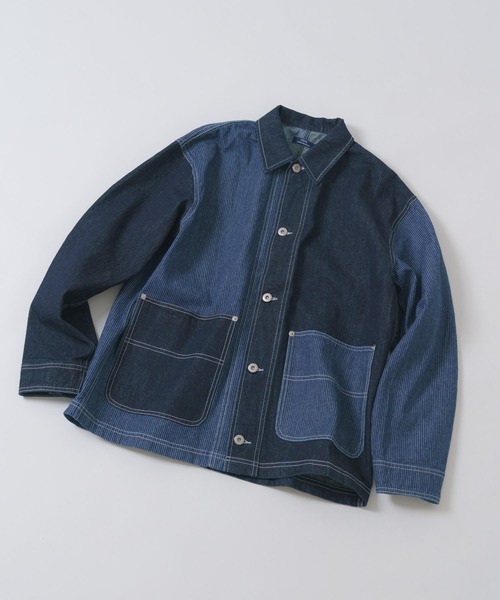 ITEMS URBANRESEARCH(アイテムズ アーバンリサーチ)の「ヒッコリー×デニム切替ワークジャケット(デニムジャケット・メンズ・ブラック/ネイビー・LARGE/MEDIUM)」の1枚目の写真