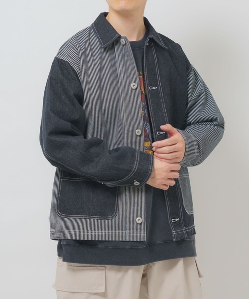 ITEMS URBANRESEARCH(アイテムズ アーバンリサーチ)の「ヒッコリー×デニム切替ワークジャケット(デニムジャケット・メンズ・ブラック/ネイビー・LARGE/MEDIUM)」の12枚目の写真