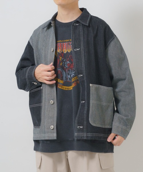ITEMS URBANRESEARCH(アイテムズ アーバンリサーチ)の「ヒッコリー×デニム切替ワークジャケット(デニムジャケット・メンズ・ブラック/ネイビー・LARGE/MEDIUM)」の15枚目の写真
