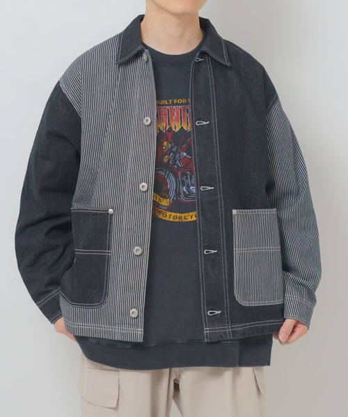 ITEMS URBANRESEARCH(アイテムズ アーバンリサーチ)の「ヒッコリー×デニム切替ワークジャケット(デニムジャケット・メンズ・ブラック/ネイビー・LARGE/MEDIUM)」の14枚目の写真