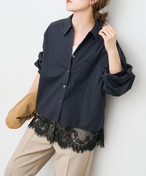 Spick & Span（スピックアンドスパン）の「《手洗い可 / 追加》レースタイプライターシャツ（シャツ/ブラウス・レディース・ホワイト/ネイビー・FREE）」の2枚目の写真