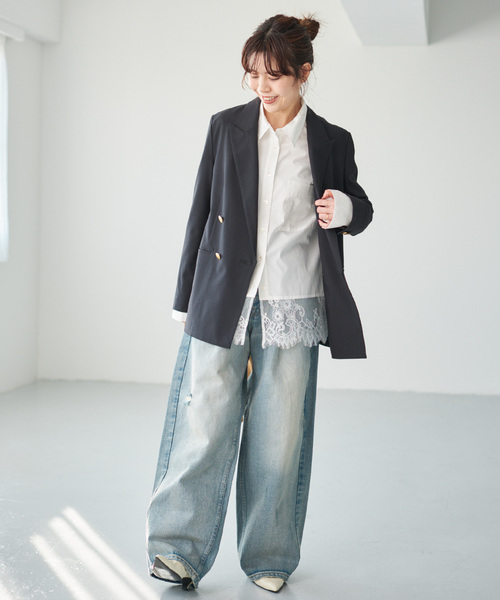 Spick & Span（スピックアンドスパン）の「《手洗い可 / 追加》レースタイプライターシャツ（シャツ/ブラウス・レディース・ホワイト/ネイビー・FREE）」の3枚目の写真