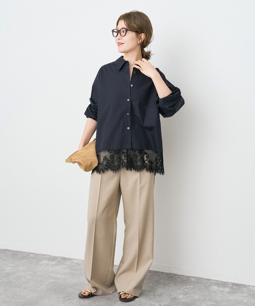 Spick & Span（スピックアンドスパン）の「《手洗い可 / 追加》レースタイプライターシャツ（シャツ/ブラウス・レディース・ホワイト/ネイビー・FREE）」の4枚目の写真