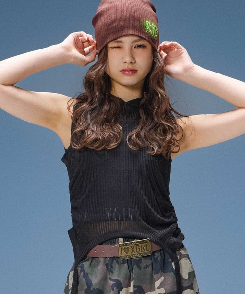 X-girl(エックスガール)の「SHEER SLEEVELESS RIBBED HOODED TOP(タンクトップ・レディース・アッシュ/ブラック・ONE SIZE)」の6枚目の写真