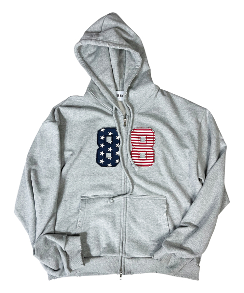 Star Stripe Damage Sweat Hood Zip‑Up — худи с эффектом «потёртости», меланж‑серый