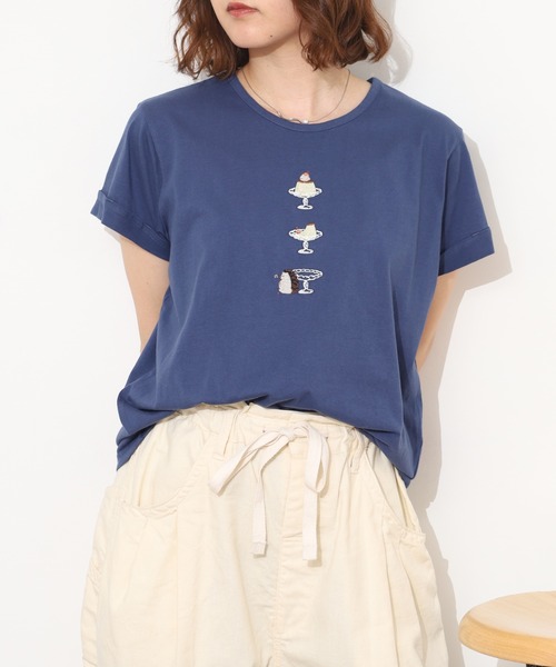 Emago(イマゴ)の「EMAGO プリン刺繍レギュラーT 半袖(Tシャツ/カットソー・レディース・アイボリー/グリーン/ネイビー・FREE)」の3枚目の写真