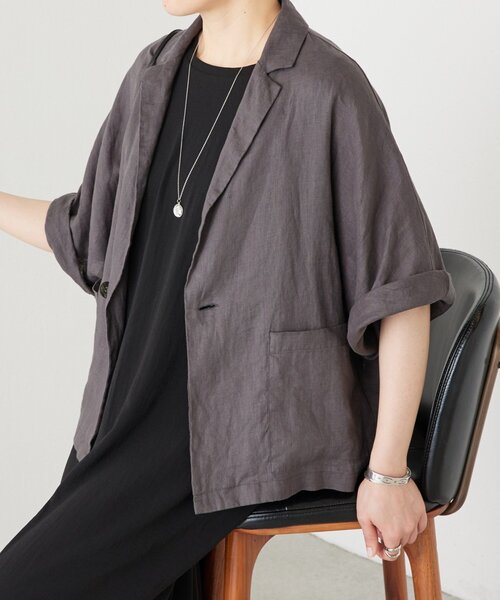 BEARDSLEY(ビアズリー)の「リネンドルマンシャツジャケット(テーラードジャケット・レディース・チャコールグレー/ブラック・FREE)」の1枚目の写真