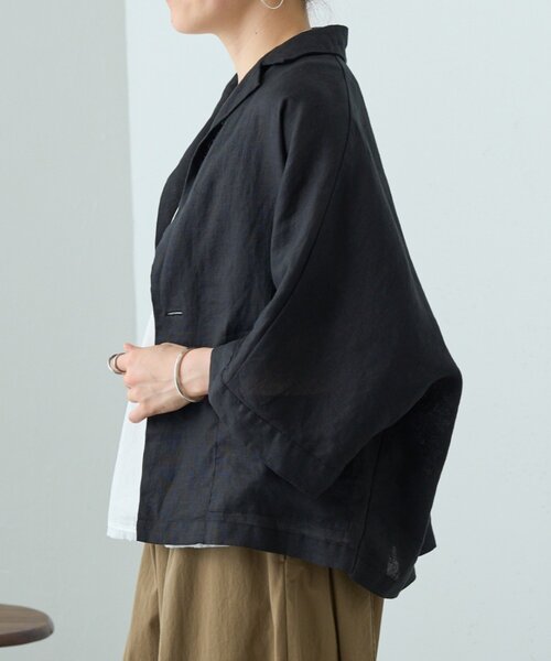 BEARDSLEY(ビアズリー)の「リネンドルマンシャツジャケット(テーラードジャケット・レディース・チャコールグレー/ブラック・FREE)」の12枚目の写真