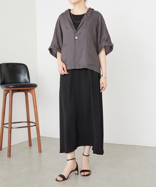 BEARDSLEY(ビアズリー)の「リネンドルマンシャツジャケット(テーラードジャケット・レディース・チャコールグレー/ブラック・FREE)」の5枚目の写真