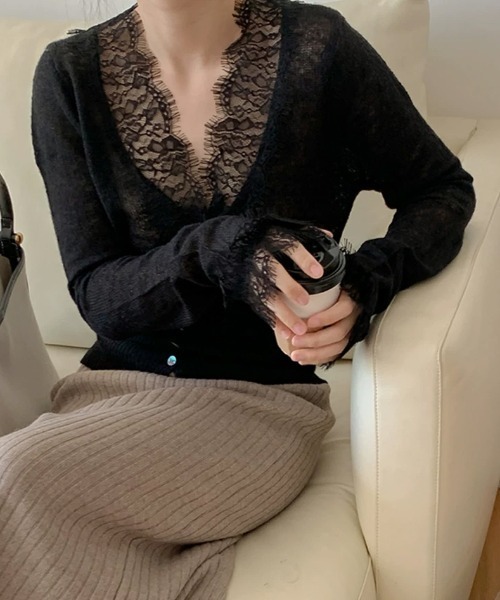 COCOMOMO(ココモモ)の「儚げ透明感と繊細レース シアーレースカーディガン シアーカーディガン レースカーディガン 長袖 カーディガン トップス レース シアー サマーニット 薄手 春服 夏服(カーディガン/ボレロ・レディース・ライトグリーン/ブラウン/ライトパープル/ライトイエロー/ライトブルー/ブラック/ライトピンク/ホワイト・FREE)」の20枚目の写真